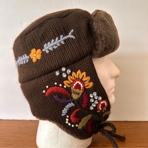 Faux FUR Trapper/Aviator Hat Ski Snowboard Embroidered Knitted Lined Ear Flap